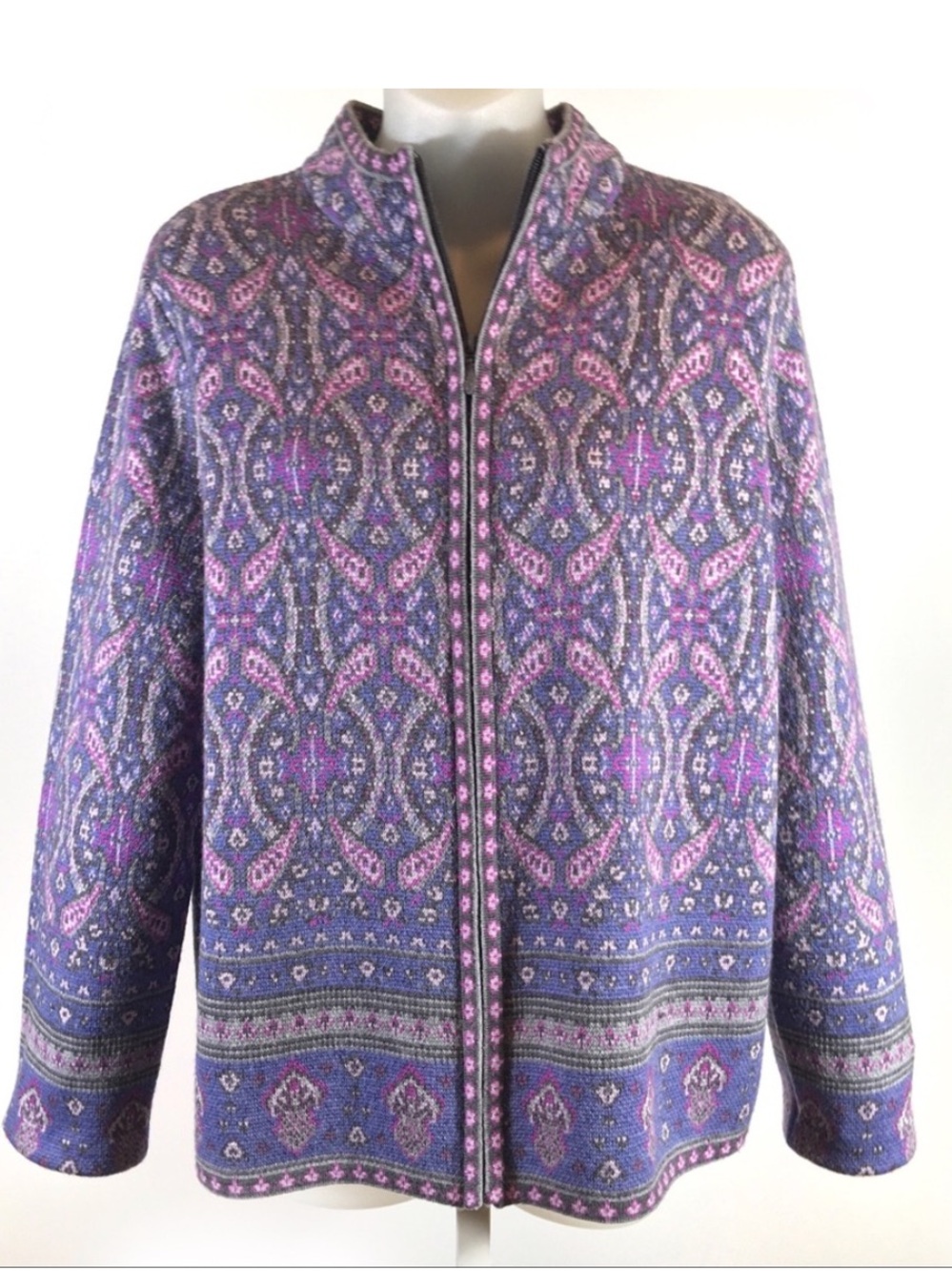 Pendleton Zippered Wool Cardigan Sweater Purple Paisley Size Large